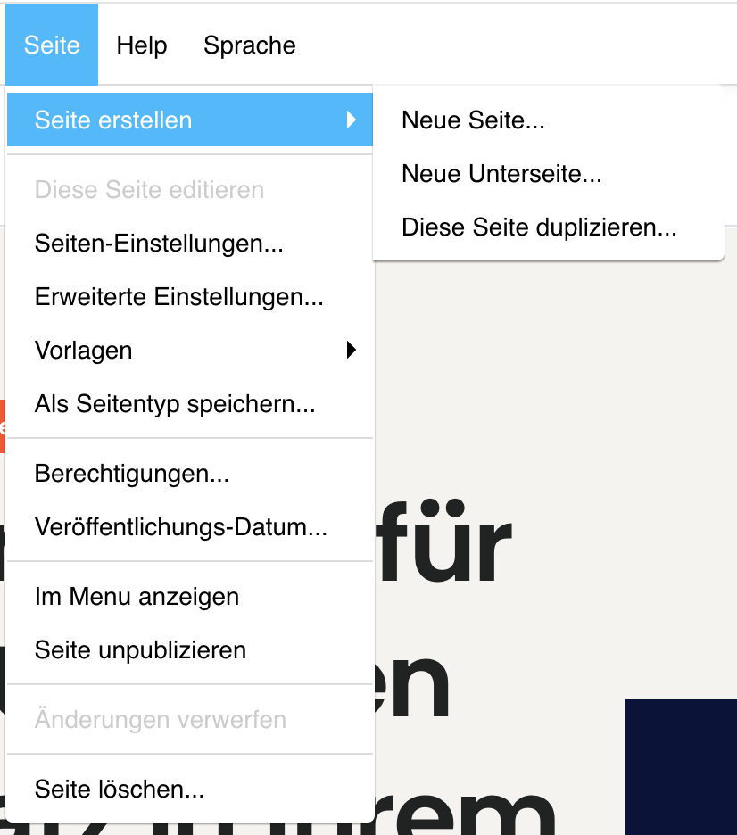 Screenshot des Webseiten-Menüs zeigt die Option „Seite“. Das Dropdown-Menü ist geöffnet und enthält verschiedene Seitenverwaltungsoptionen, darunter „Seite erstellen“ mit Unterpunkten: „Neue Seite...“, „Neue Unterseite...“ und „Diese Seite duplizieren...“