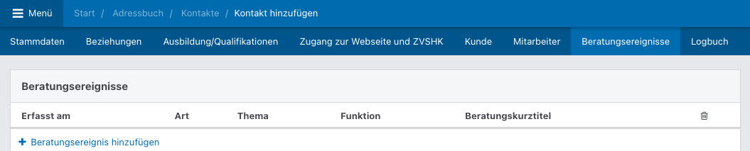 Screenshot aus der Software: Tab Beratungsereignisse.