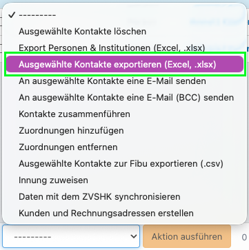 Screenshot aus der Software: geöffnete Dropdown-Menü der Aktionen im Adressbuch.