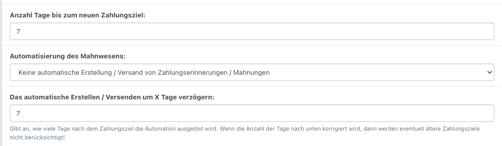 Screenshot aus der Software: geöffnete Rechnung und die Einstellungen für Zahlungserinnerungen.