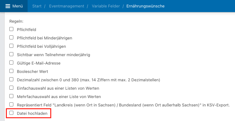 Screenshot aus Eventmanagement, zu sehen sind die Auswahlfelder für variable Felder.