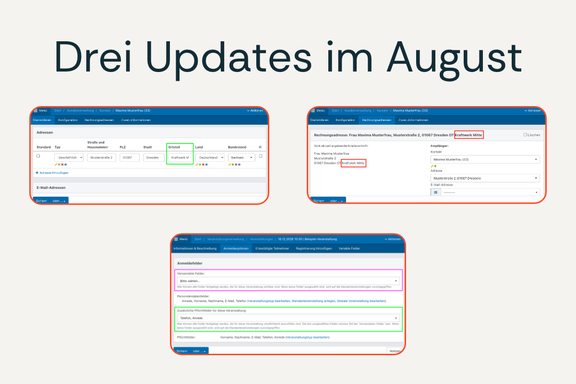 Beiger Hintergrund, darauf drei Bilder der aktuellen Software-Updates.