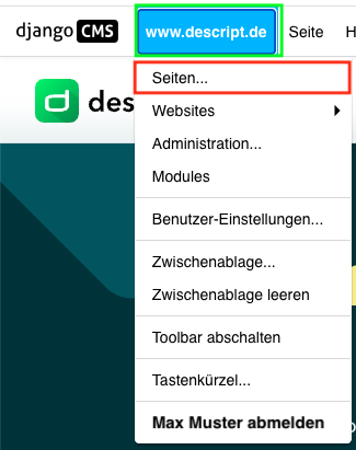 Geöffnetes Hauptmenü des django CMS über „www.descript.de“. Der Menüpunkt „Seiten...“ ist rot umrandet und markiert den Zugang zum Seitenbaum.