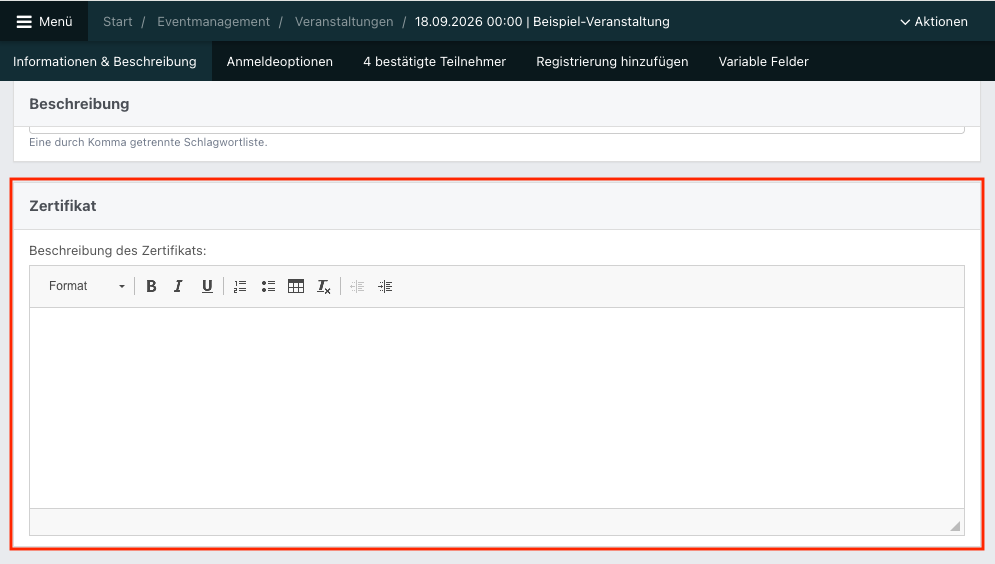 Screenshot aus der Software: geöffnetes Event im Bereich Zertifikat.
