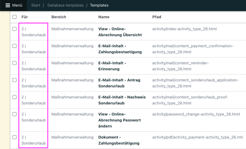 Screenshot der Übersicht der DB-Templates. Zu sehen sind nur Templates der Ebene 2.