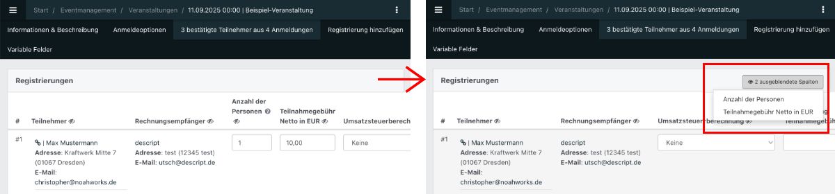 Zwei Screenshots nebeneinander zeigen eine Benutzeroberfläche zur Verwaltung von Veranstaltungsregistrierungen.