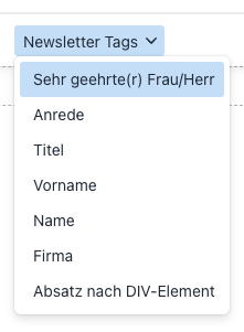 Screenshot aus der Software: alle Newsletter-Tags, die zur Verfügung stehen.