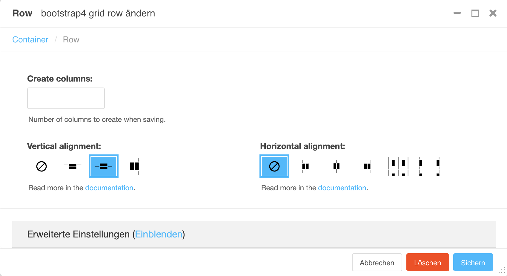 Ein Screenshot eines Einstellungsdialogs zur Bearbeitung einer Row.