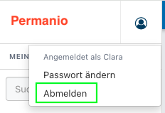 Benutzer-Menü mit den Optionen „Passwort ändern“ und „Abmelden“. Markiert ist „Abmelden“.