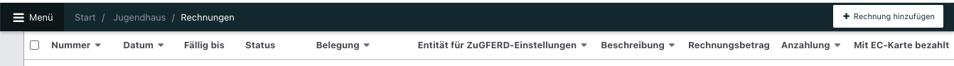 Tabellenansicht der Rechnungsübersicht in NoahHaus mit Spalten für Nummer, Datum, Fälligkeit, Status, Belegung, ZUGFeRD-Einstellungen, Beschreibung, Rechnungsbetrag und Anzahlung.
