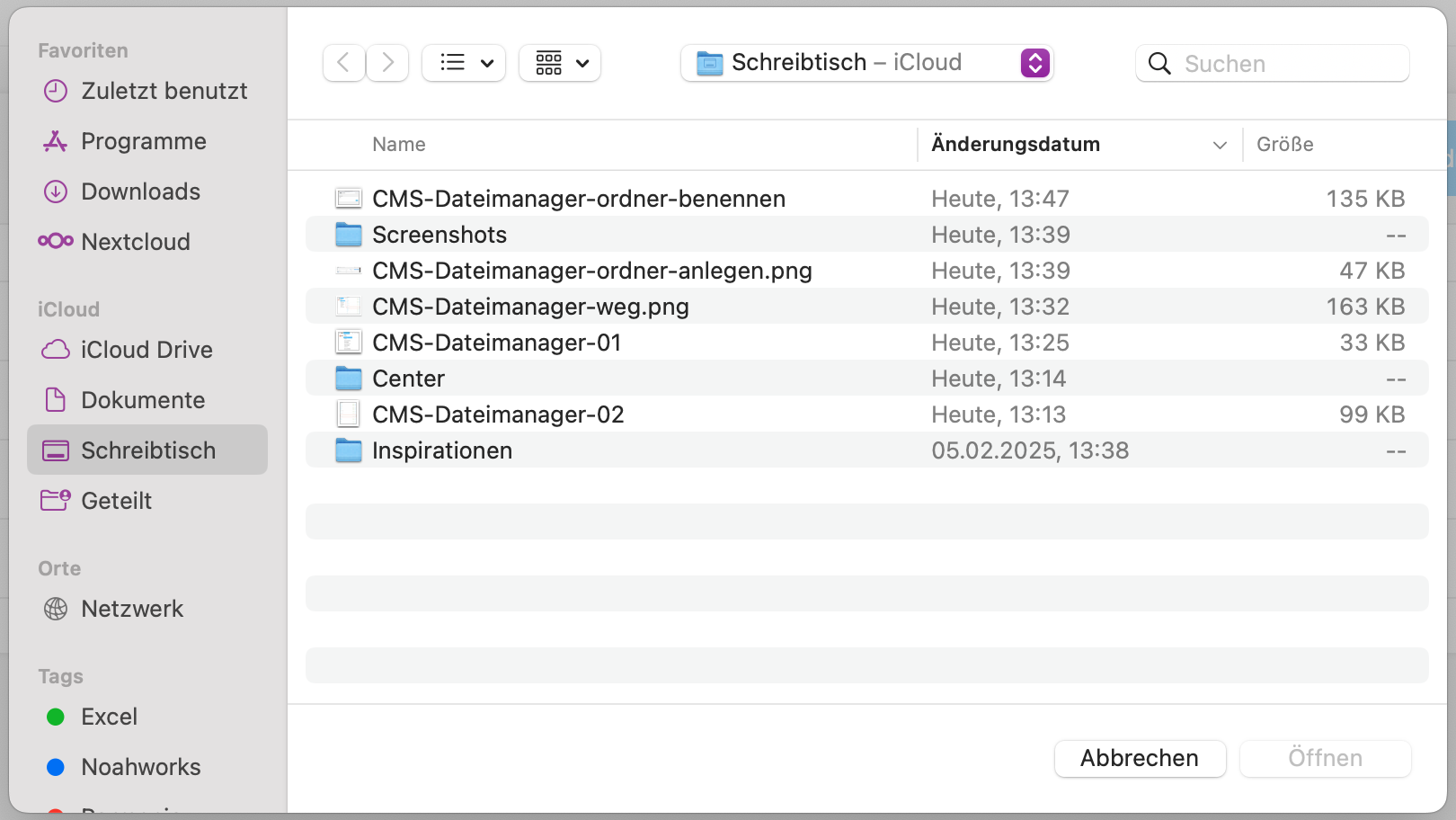 Datei-Auswahlfenster auf einem Mac mit Ordnern und Dateien im Verzeichnis „Schreibtisch“.