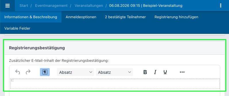 Screenshot aus der Software: geöffnete Veranstaltung im Abschnitt Registrierungsbestätigung.