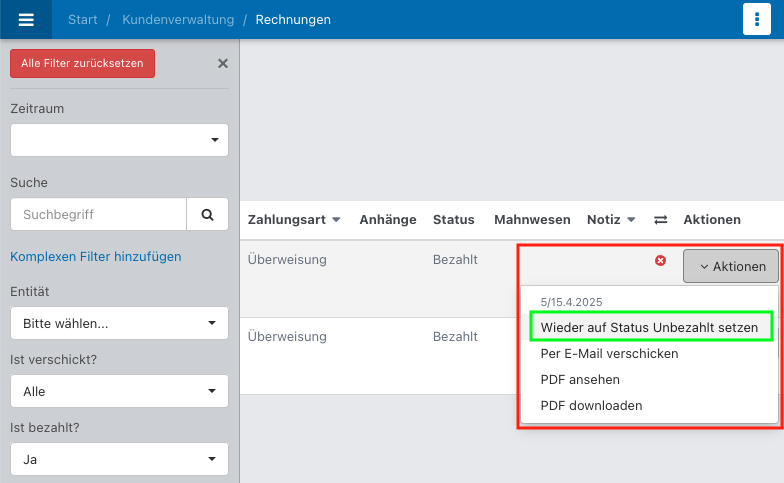 Screenshot aus der Software: ausgewählte Rechnung mit aufgeklappten Aktionen.