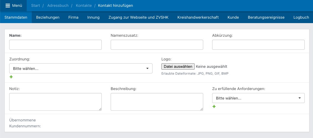 Screenshot aus der Software: Kontaktinstituiton.