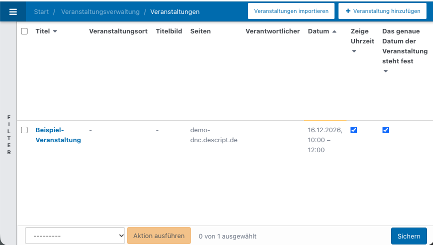 Screenshot der Übersicht über alle geplanten Veranstaltungen.