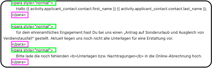 Screenshot der RML-Anweisung für einen Absatz.