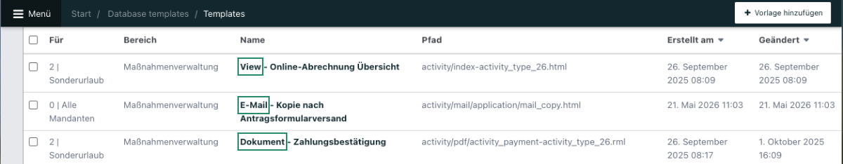 Screenshot aus der Übersicht über DB-Templates mit drei Kategorien.