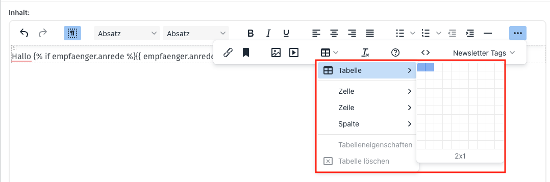 Screenshot aus der Software: Einstellungen für eine Tabelle.