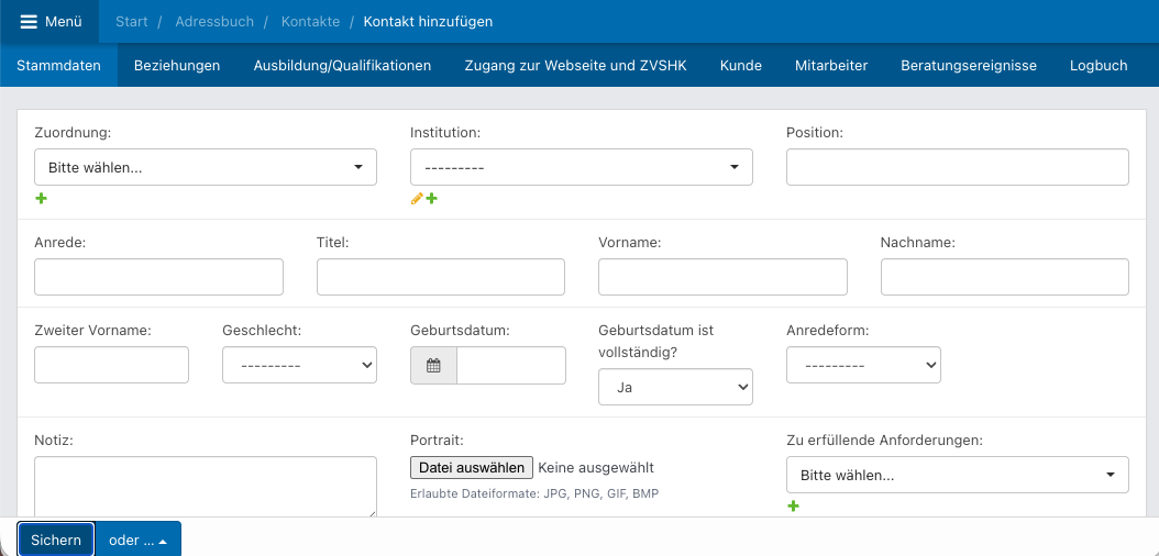 Screenshot aus der Software: Ansicht eines neuen Kontakts.