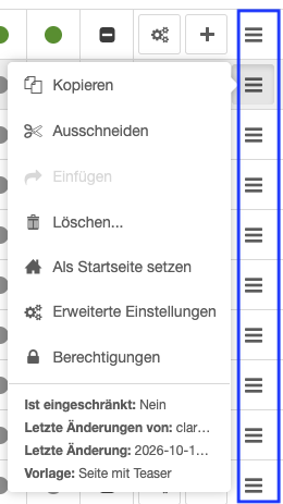 Geöffnetes Aktionsmenü im django CMS mit Optionen zum Kopieren, Ausschneiden, Löschen sowie für erweiterte Einstellungen und Berechtigungen.