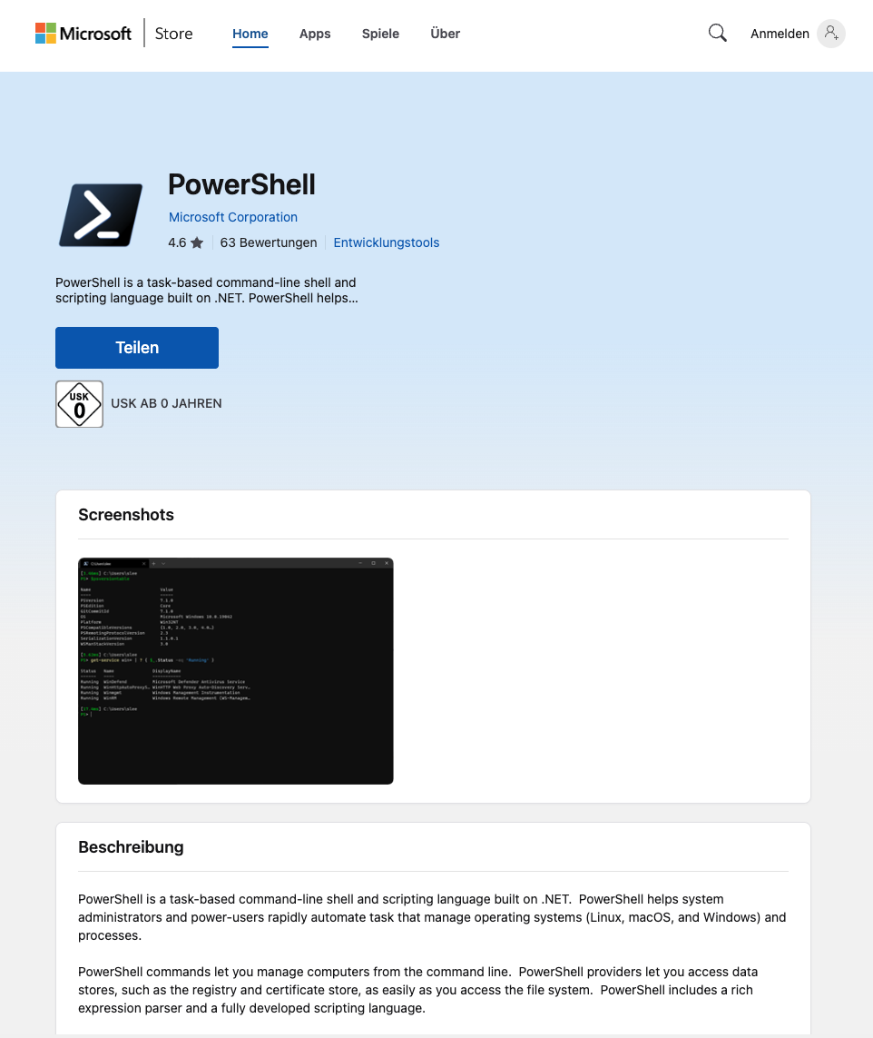 Screenshot aus dem MS Store, zu sehen ist das Download-Fenster von PowerShell.