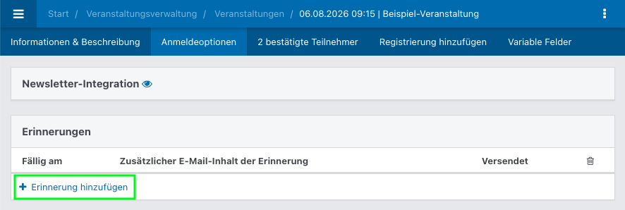 Screenshot aus dem Eventmanegement. Zu sehen ist der leere Bereich Erinnerungen.