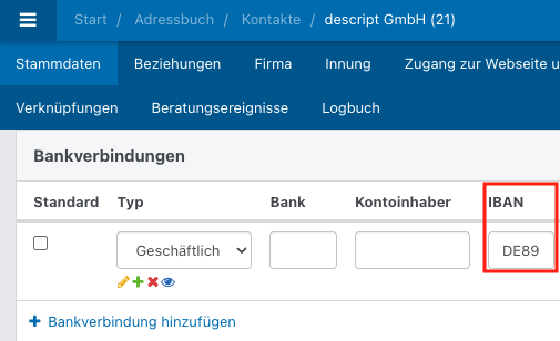 Screenshot aus der Software: geöffnete Institution im Abschnitt Bankverbindung.