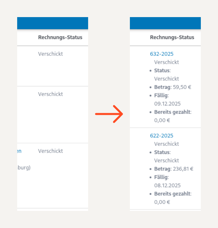 Zwei Screenshots nebeneinander zeigen das Update für den Rechnungsstatus.