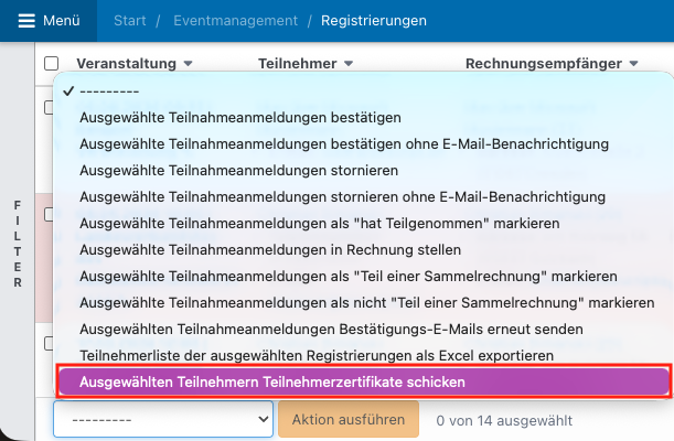 Screenshot aus der Software: geöffnete Aktionen innerhalb der Registrierungen.