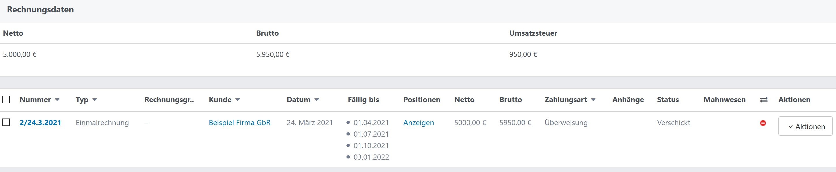 Screenshot von DNC mit der Übersicht der Teilzahlungen