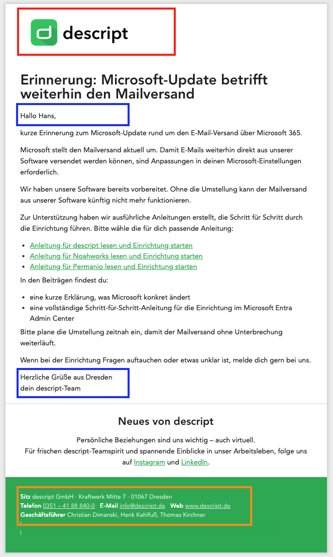 Screenshot einer Mail von descript mit allen genannten Elementen.