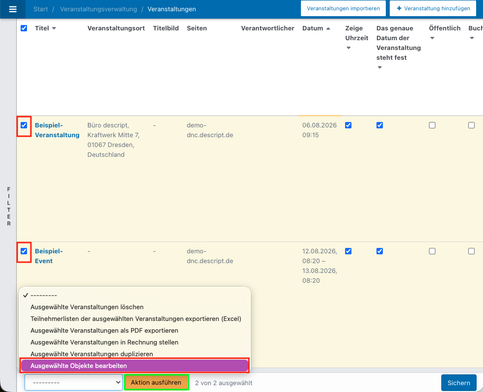 Screenshot von der Eventübersicht mit geöffneten Massenaktionen.