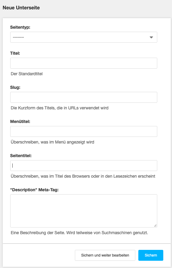 Formular „Neue Unterseite“ im django CMS mit Feldern für Seitentyp, Titel, Slug, Menütitel, Seitentitel und Meta-Description sowie Schaltflächen zum Speichern.