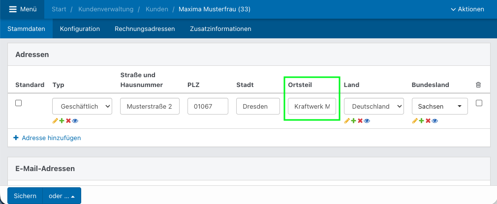 Screenshot eines fiktiven Kontakts im Abschnitt Stammdaten.