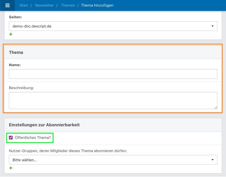 Screenshot aus der Software: Anlegen eines neuen Newsletter-Themas.