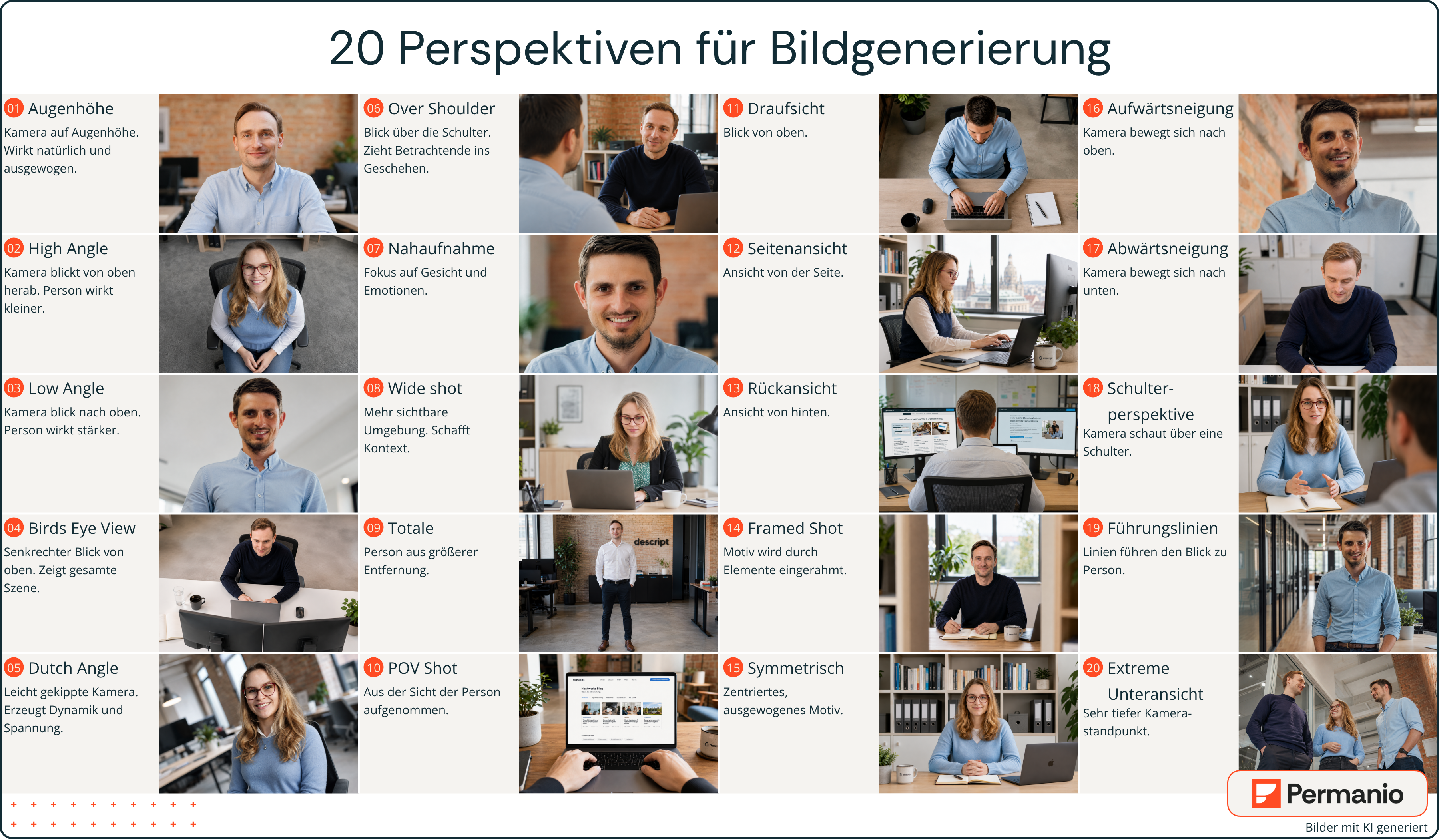 Grafik mit 20 Perspektiven für Bildgenerierung. Die einzelnen Bilder darauf KI-generiert.
