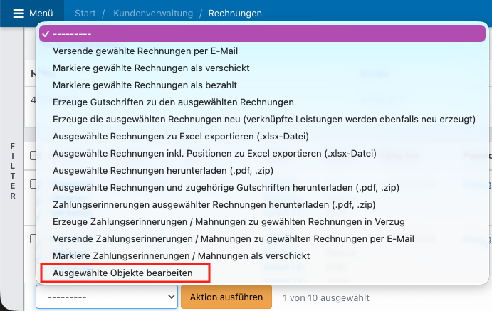 Screenshot aus der Software: geöffnete Massenaktion in Rechnungsübersicht.