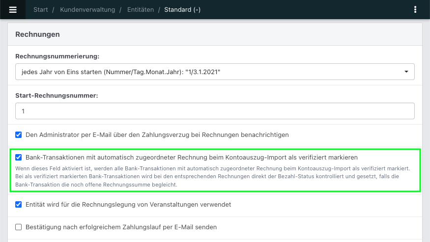 Screenshot einer geöffneten Entität im Bereich Rechnungen.