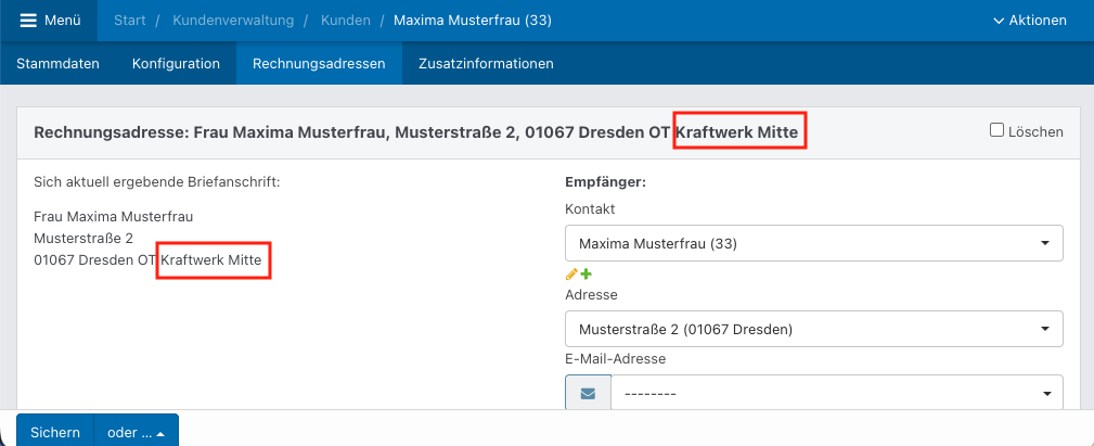 Screenshot eines fiktiven Kontakts im Abschnitt Rechnungsadressen.
