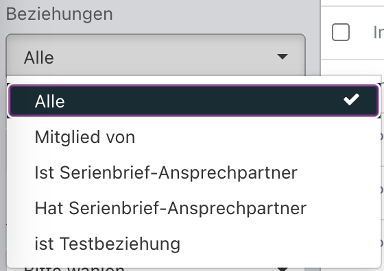 Screenshot aus der Software: Filter im Bereich Beziehungen.