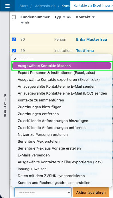 Screenshot der ausgeklappten Massenaktionen im Adressbuch.