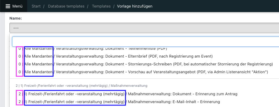 Screenshot der Übersicht über DB-Templates.