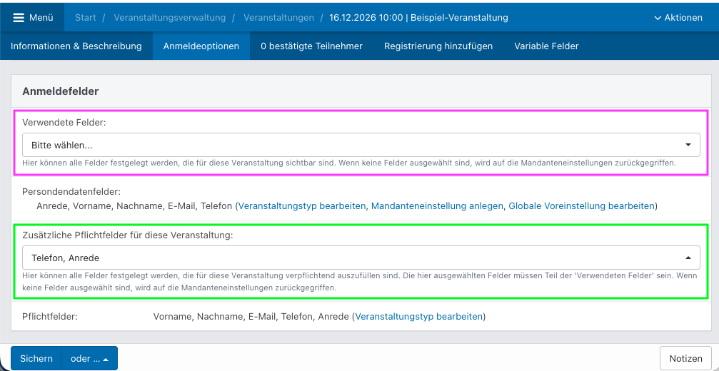 Screenshot eines Events im Abschnitt Anmeldefelder.