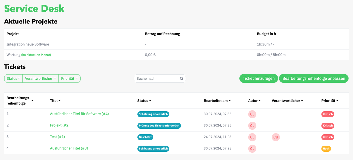 Screenshot eines beispielhaften Service-Desk mit Anfrafen.