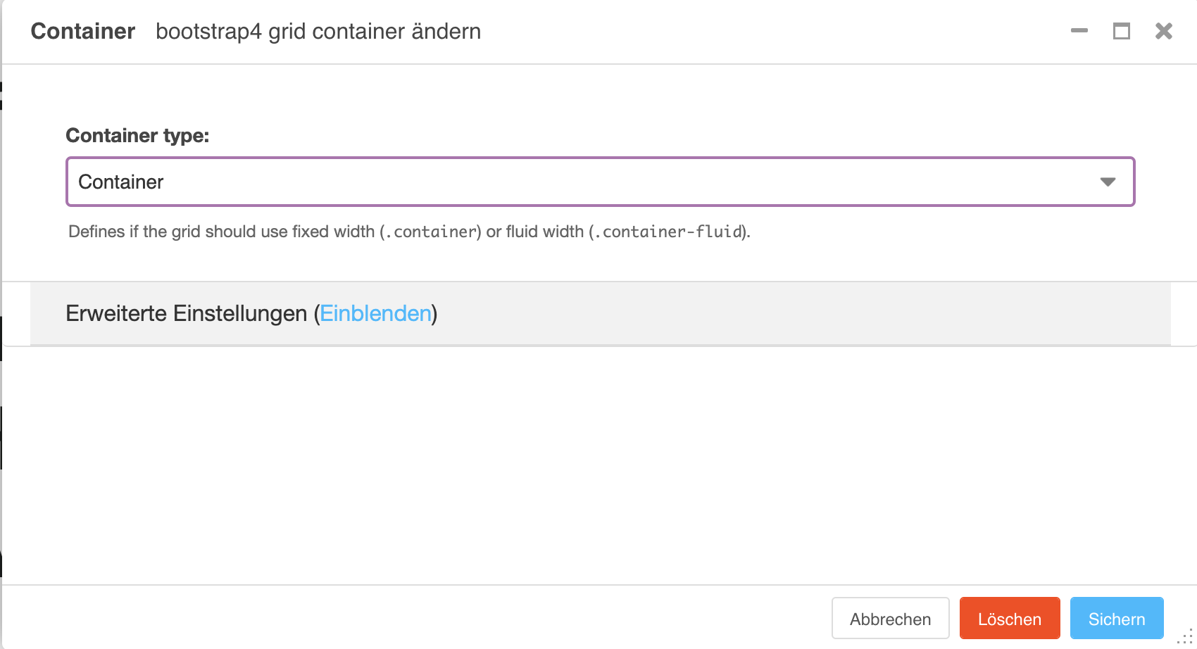 Ein Screenshot eines Einstellungsdialogs zur Bearbeitung eines Containers.
