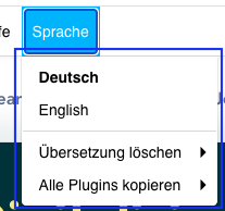 Screenshot des Dropdown-Menüs unter "Sprache" in der Steuerleiste.
