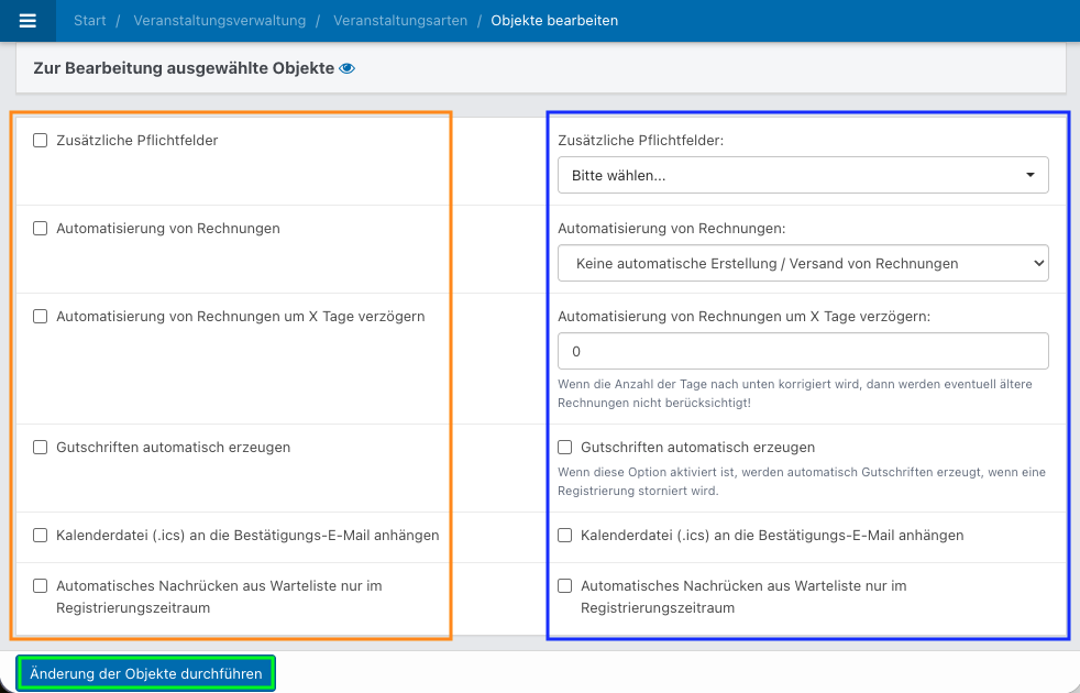 Screenshot der Bearbeitungsansicht zur Bearbeitung mehrerer Veranstaltungsarten gleichzeitig.