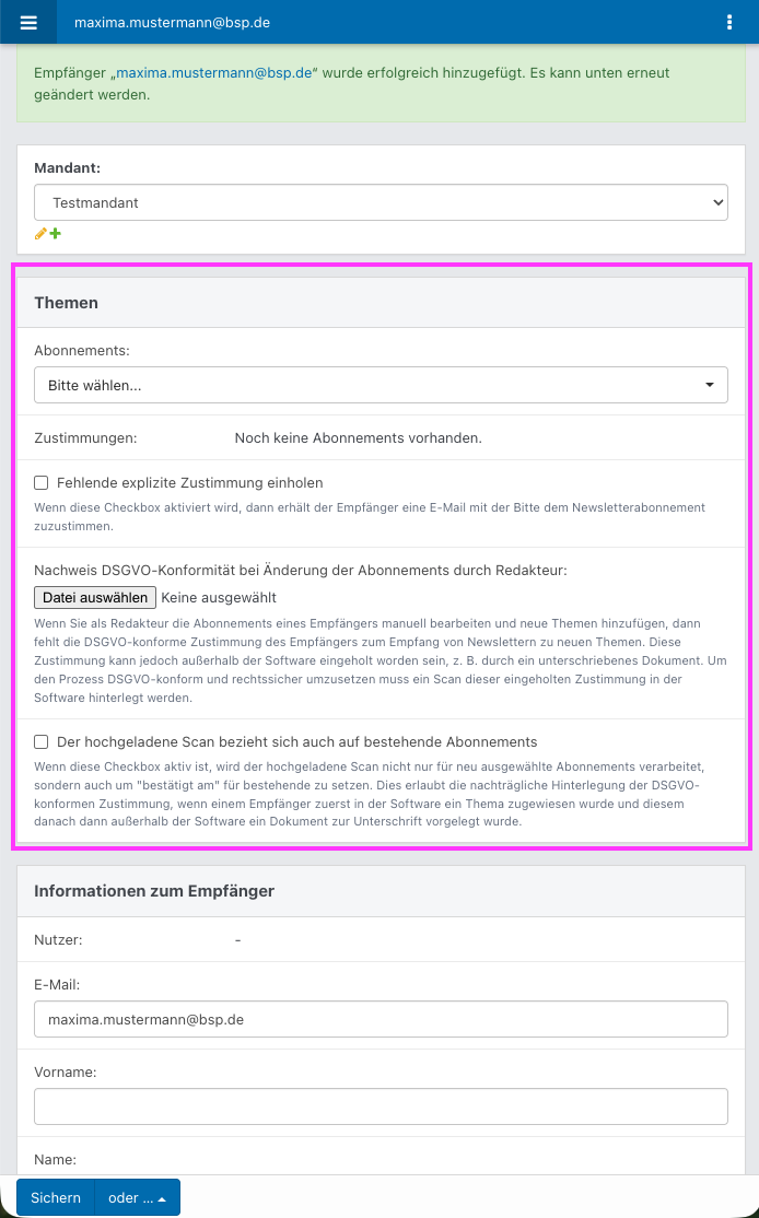 Screenshot aus der Software: geöffnete Zuweisung einer Person für ein NL-Thema.