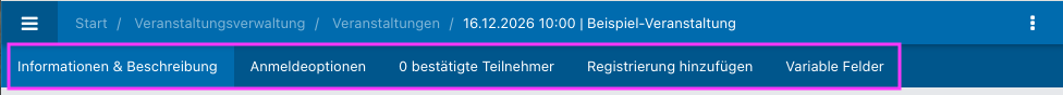 Screenshots der Tabs in einer Veranstaltung.