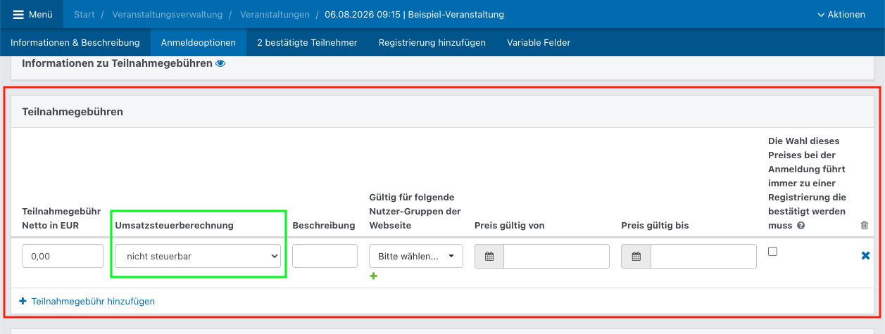 Screenshot aus dem Eventmanagement, eine geöffnete Veranstaltung im Tab Anmeldeoptionen.